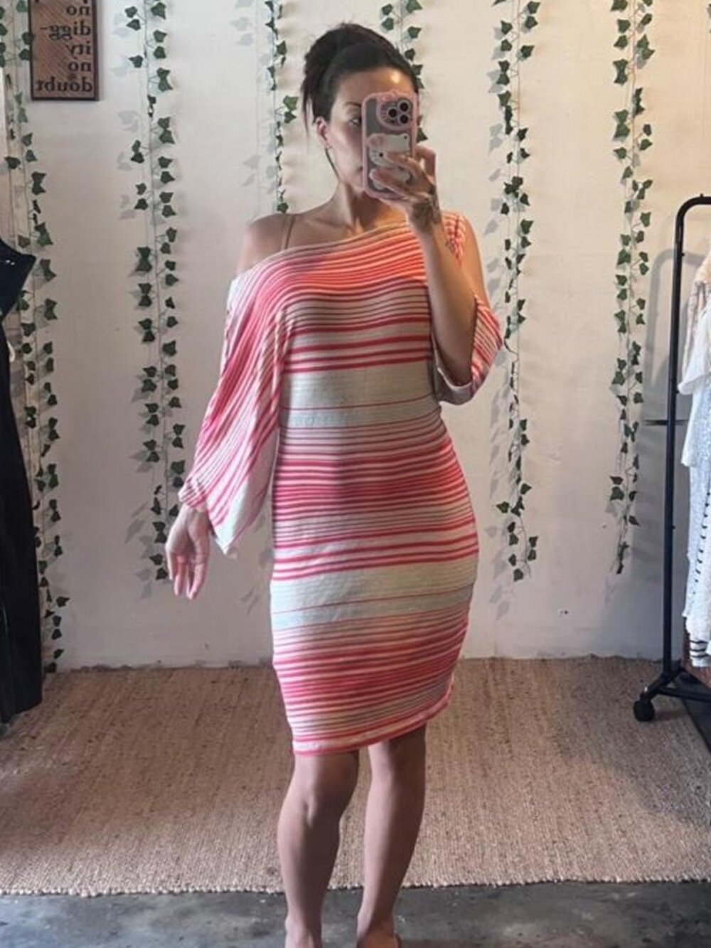 Y2K Bebe pink and beige striped dolman sleeve midi dress size small